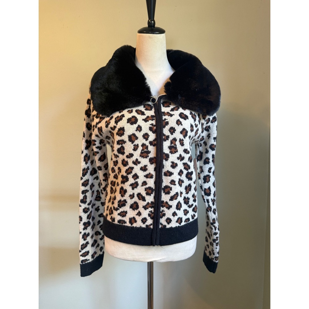 Y2K coquette boho whimsi animal Leopard Faux Fur Zip Up Cardigan Sweater XL NEW